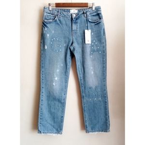 MNG Mango Denim & Tees Distressed GAME Studded Light Wash Jeans Size 8